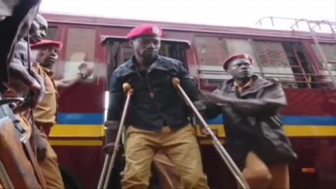 Bobi Wine on crutches