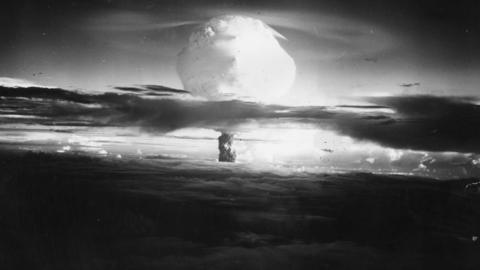 Mushroom cloud rises after the Hydrogen Bomb explosion at Eniwetok Atoll in the Pacific in 1952