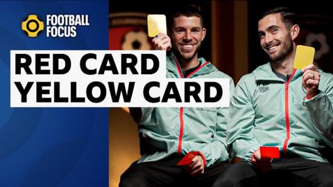 Bournemouth's Ryan Christie and Lewis Cook holding red and yellow cards