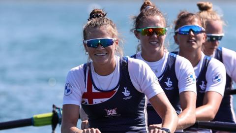 Rebecca Shorten (left) and gold-medal winning fours team-mates Heidi Long, Rowan McKellar, Samantha Redgrave were also part of the British eight that won silver in Munich on Sunday