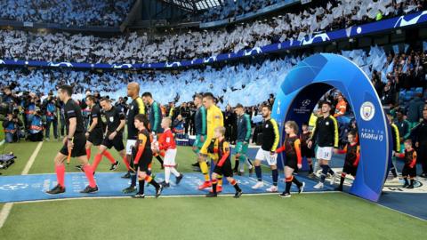 Manchester City players walk out at the Etihad Stadium before the 2019 Champions League quarter-final second leg against Tottenham Hotspur