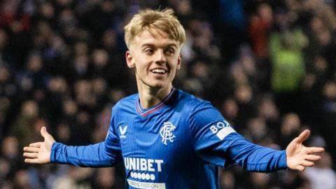 Ross McCausland celebrates after scoring for Rangers against Aris Limassol