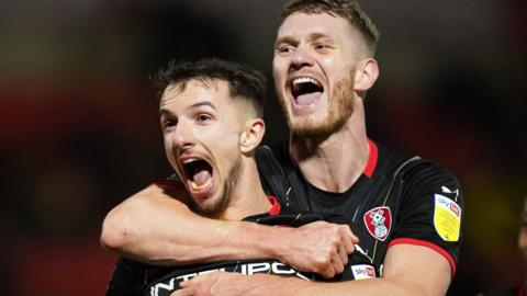 Rotherham celebrate Dan Barlaser's goal against Doncaster