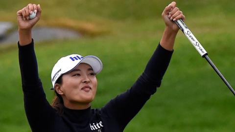 Ko Jin-young celebrates winning the Evian Championship