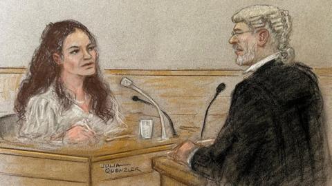 A court sketch showing Constance Marten giving evidence in court