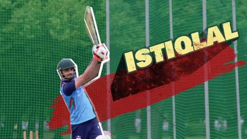 Graphic naming Istiqlal with a picture of him playing a cricket shot