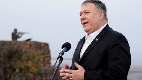 US Secretary of State Mike Pompeo speaks during a visit to the Israeli-occupied Golan Heights (19 November 2020)