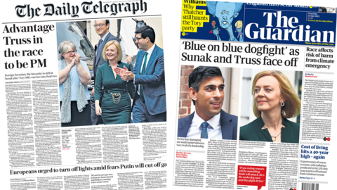 The headline in the Telegraph reads, "Advantage Truss in the race to be PM", while the headline in the Guardian reads, "'Blue on blue dogfight' as Sunak and Truss face off"