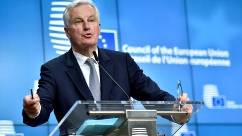 The European Union's chief Brexit negotiator, Michel Barnier, talks to reporters on 22 May