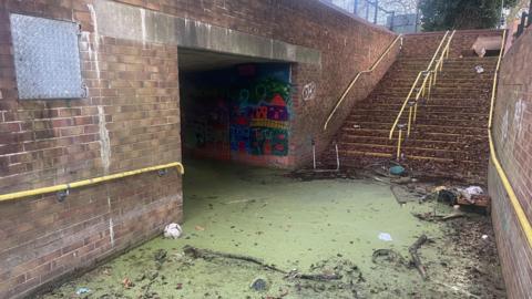 A pedestrian underpass bordered by brick walls and a set of concrete stairs with yellow handrails leading upward. The ground is covered in stagnant water with a layer of green algae, scattered debris, fallen leaves, and a partially deflated football. Graffiti artwork is visible on the back wall inside the tunnel.