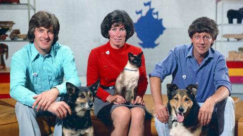 Blue Peter presenters Peter Purves, Valerie Singleton and John Noake