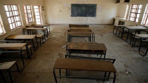 A view shows an empty classroom at the school in Dapchi in the northeastern state of Yobe, where dozens of school girls went missing after an attack on the village by Boko Haram, Nigeria February 23, 2018.