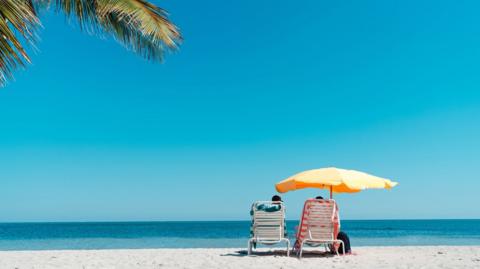 A picture of an exotic beach with a palm tree on the left, clear blue skies and two sun beds in the middle. The photo is taken from behind the sun beds.