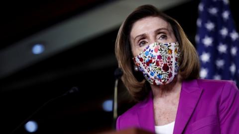 House Speaker Nancy Pelosi delivers remarks during a press conference in the US Capitol in Washington DC, 7 January 2021