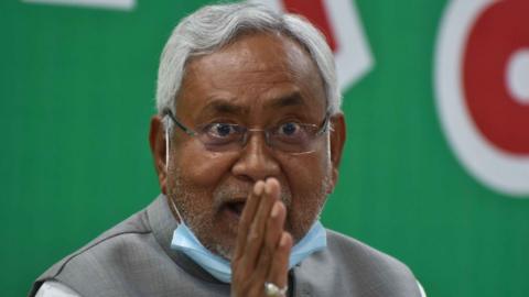 Bihar Chief Minister Nitish Kumar addresses a press conference at JDU office, on November 12, 2020 in Patna, India.