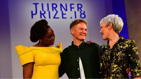 2018 Turner Prize winner Charlotte Prodger (centre) with Chimamanda Ngozi Adichie (left) and Tate director Maria Balshaw