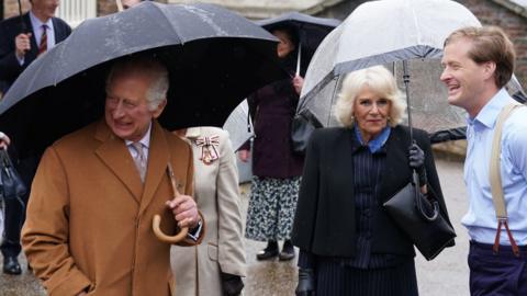 King Charles III and the Queen Consort arrive for a visit to Talbot Yard Food Court in Yorkersgate, Malton, North Yorkshire