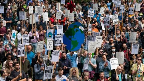 Amazon workers gather for a rally during a walkout event at the company's headquarters on May 31, 2023 in Seattle, Washington.