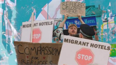 A composite image showing several protestors and counter protestors with placards and slogans. 