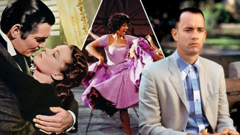 Split image of stills from Gone With The Wind (left), West Side Story (middle) and Forrest Gump (right)