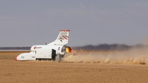 Bloodhound races away from its start line on Hakskeen Pan in South Africa