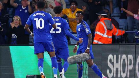 Leicester's Abdul Fatawu celebrates opening the scoring against Birmingham