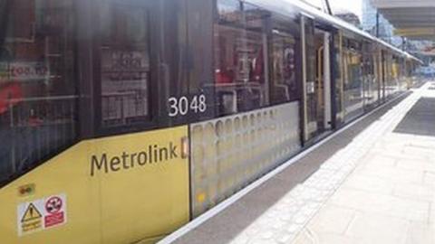 The tram in the platform at Shudehill during post-accident testing