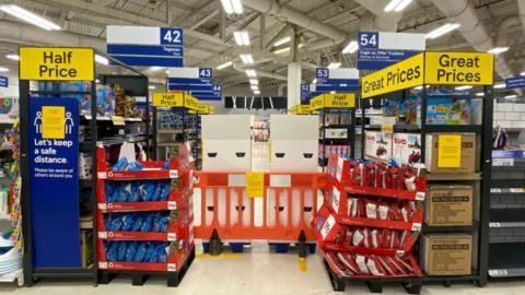 Tesco in Cardiff with aisles blocked off