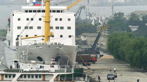 Passenger-cargo ferry anchored at the port of Wonsan, western North Korea, on July 2, 2014.