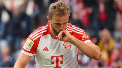 Harry Kane celebrates after scoring for Bayern Munich