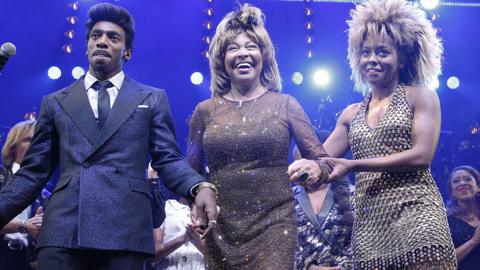 Daniel J Watts, Tina Turner and Adrienne Warren at curtain call for Tina: The Tina Turner Musical