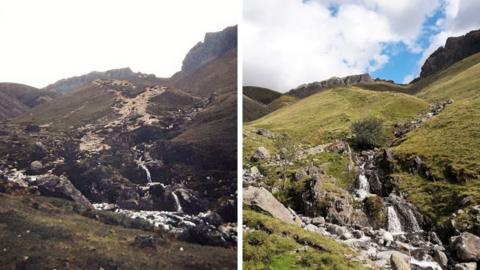 Brown Tongue at Scafell Pike, Wasdale before (left) and after (right) work was carried out by Fix the Fells