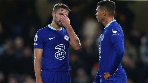 Chelsea's Cesar Azpilicueta and Thiago Silva look dejected at full-time after their defeat to Manchester City in the Premier League