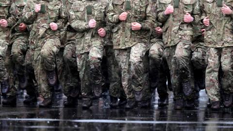 British soldiers marching in the rain