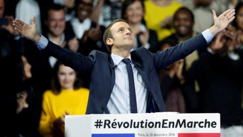 Emmanuel Macron attends a political rally in Paris on 19 December 2016