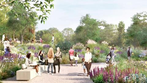 An illustration of a garden filled with plants. People are walking along paths and sitting on benches. 