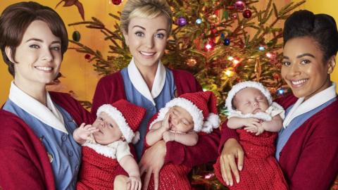 Jennifer Kirby as Valerie, Helen George as Trixie and Leonie Elliott as Lucille in Call the Midwife.