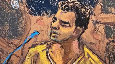 A courtroom sketch of Luigi Mangione during a hearing in his federal murder trial at Manhattan Criminal Court in New York City