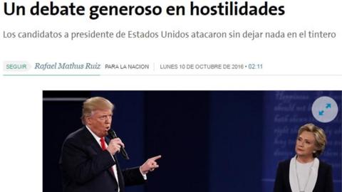 Image from Argentina's La Nacion newspaper - healdine saying 'Un debate generoso en hostilidades' - 10 October 2016