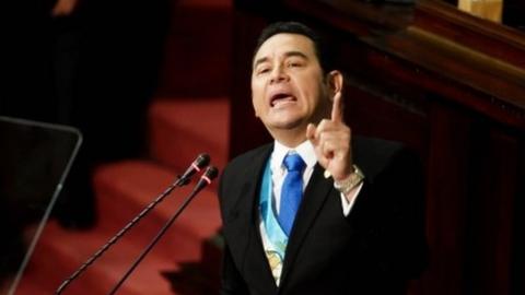 The President of Guatemala, Jimmy Morales, speaks at the presentation of his Second Government Report in a session in the Congress of Guatemala, Guatemala, 14 January 2018.