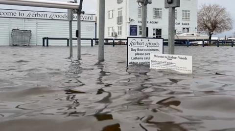 Roads and car parks in a village on the The Broads were submerged and drains were overflowing.