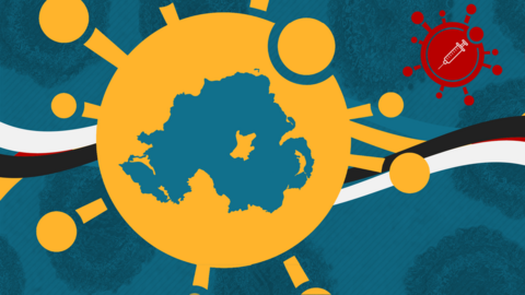 A graphic showing a map of Northern Ireland inside a coronavirus