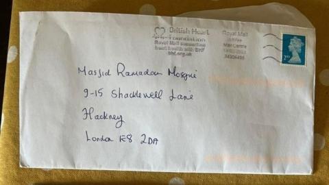 The envelope of the letter with a handwritten address