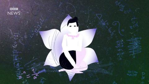 Animation still showing a woman nestled in a flower, surrounded by floating equations