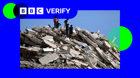 A composite image showing a destroyed building next to the BBC Verify logo.