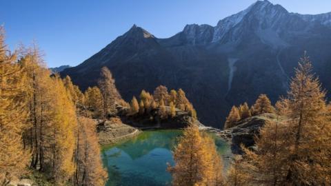 The Lac Bleu (2090m) pictured during a beautiful autumn day, near Arolla, in Valais, Switzerland