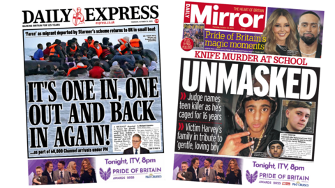 A composite image of The Daily Express and The Daily Mirror. "It's one in, one out and back in again!" reads the headline on the former and "unmasked" reads the headline on the latter.