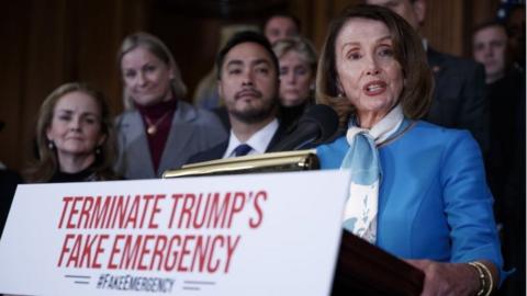 Speaker of the House Nancy Pelosi delivers remarks during a news conference on terminating the national emergency declaration.