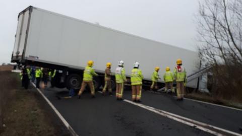 Jack-knifed lorry on the Acle Straight in Norfolk