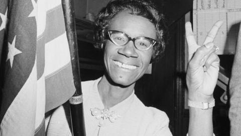 Congresswoman Shirley Chisholm gives the victory sign in 1968